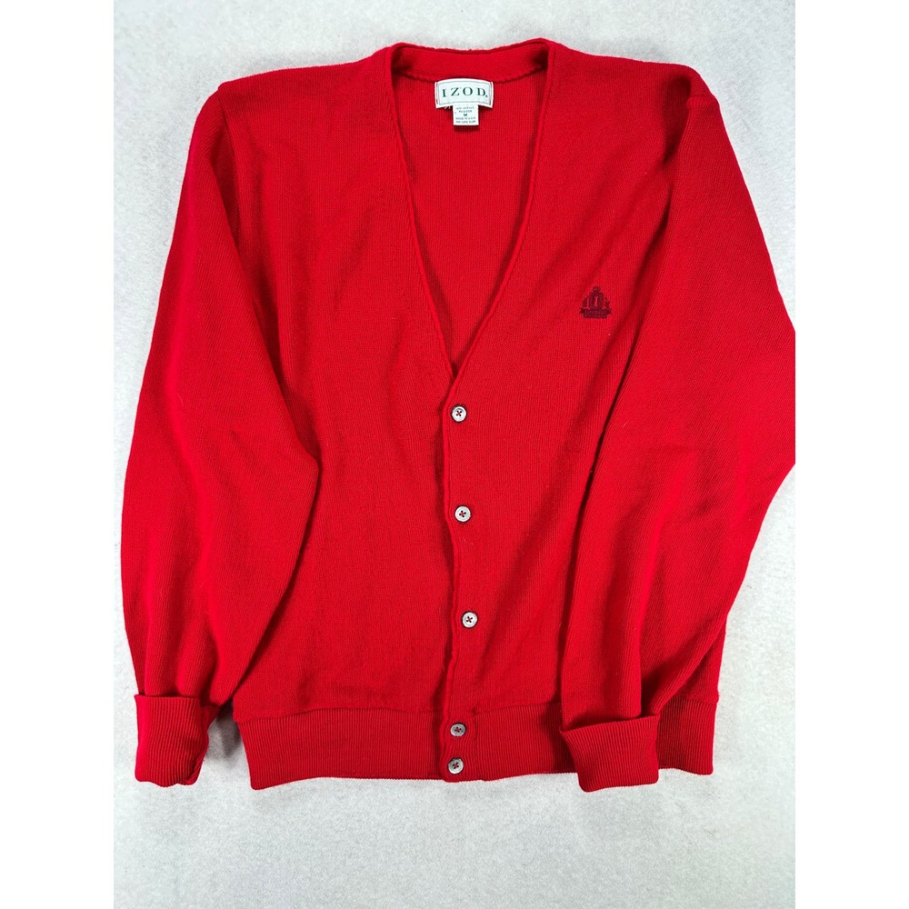 Vintage Izod Cardigan Sweater Mens Medium Red Knit Button Front Made in USA